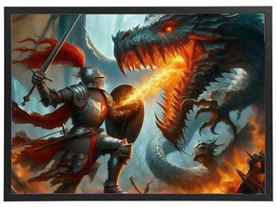 En ridder i rustning kæmper mod en ildsprudlende drage i en dramatisk kamp i en magisk skov.