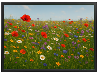 En smuk blomstereng fyldt med forskellige farverige blomster som valmuer og margueritter.