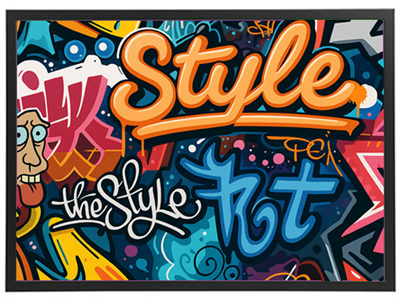 Et livligt graffiti-værk med ord og karakterer, der udstråler urban stil.