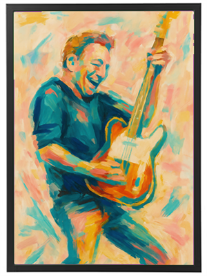 Et farverigt maleri af en glad guitarist, der spiller på sin elguitar.