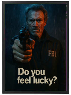 Et dramatisk billede af en FBI-agent, der peger en pistol mod kameraet i regnvejr.