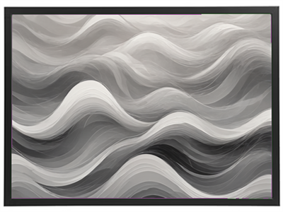 Et moderne maleri med bølgende mønstre i nuancer af sort, hvid og grå.