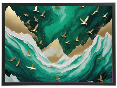 Et farverigt og abstrakt billede med grønne og gyldne nuancer, der viser bølger og fugle.