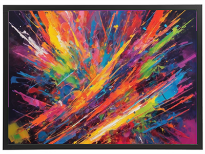 Et dynamisk og farverigt abstrakt maleri med eksplosive penselstræk.