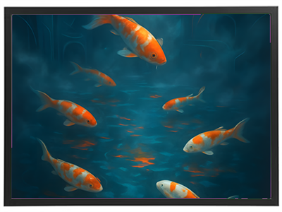 Et malerisk billede af koi fisk svømmer i klart blåt vand, omgivet af en drømmende atmosfære.