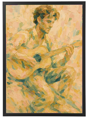 Et maleri af en mand, der spiller guitar, udført i bløde pastelfarver og en impressionistisk stil.