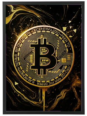 Et billede af en Bitcoin-mønt med et glitrende guldtema, der symboliserer digital valuta.