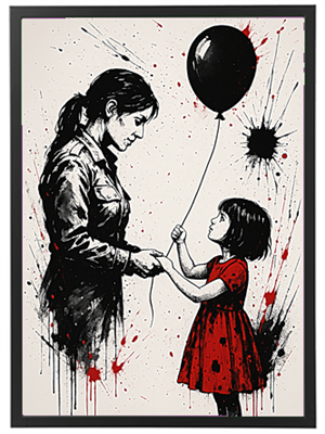 Et grafisk billede af en mor, der holder en lille pige, som holder en sort ballon. Farverne er domineret af sort, rød og hvid.