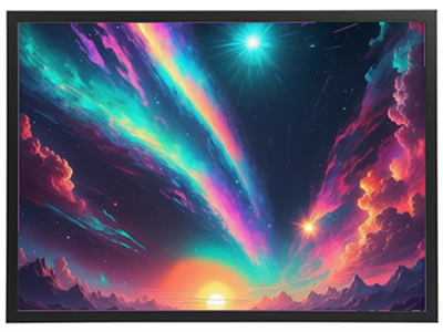 En farverig og dramatisk himmel med stjerner og en solnedgang, der skaber en magisk atmosfære.