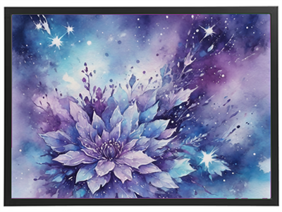 En smuk akvarel med en stor blomster i nuancer af lilla og blå, omgivet af stjerner og en galaktisk baggrund.