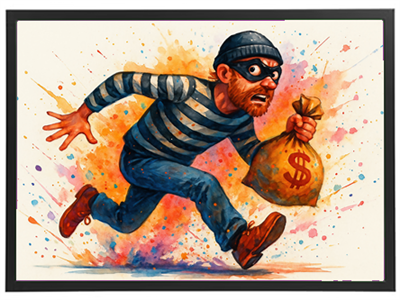 En farverig illustration af en tyv, der løber væk med en pengesæk.