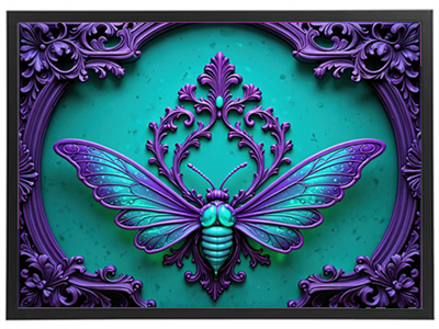 Et detaljeret og farverigt billede af en sommerfugl omgivet af ornamenter i nuancer af lilla og turkis.
