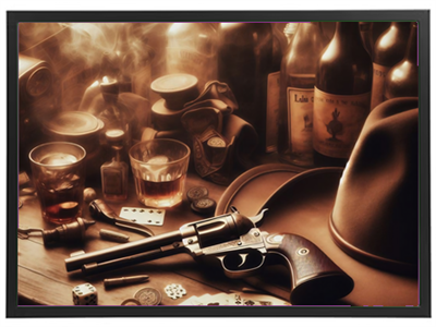 Et stillbillede med en revolver, spillekort, whiskyflasker og en cowboyhat, der skaber en nostalgisk vild vest stemning.