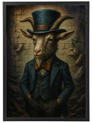 Et surrealistisk billede af en ged iført en hat og jakkesæt, der står med hænderne i lommerne.