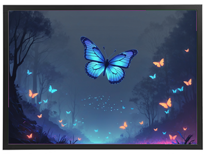 En betagende illustration af en stor blå sommerfugl omgivet af små lysende sommerfugle i en mystisk skov.