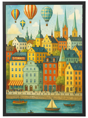 Et maleri af en livlig by med farverige bygninger, luftballoner og en sø med både.