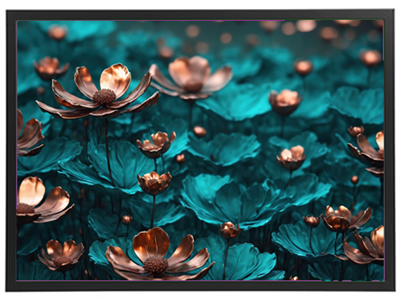 Et kunstnerisk billede af blomster med kobberfarvede kronblade i en teal baggrund.
