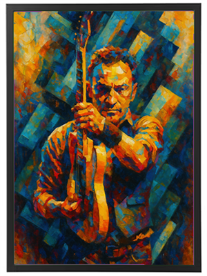 Et maleri af en mand, der holder en guitar, omgivet af abstrakte farver.