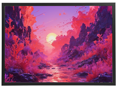 En farverig, surrealistisk scene med en solnedgang over en dal fyldt med pink koraller og klipper.