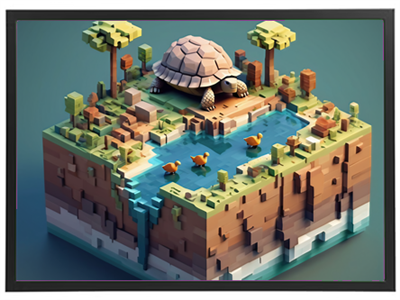 En 3D-rendering af en skildpadde på en ø med en sø, træer og ænder.