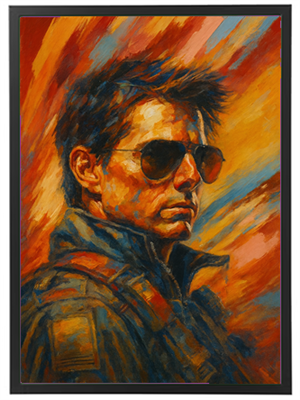 Et farverigt portræt af en mand i militærjakke og solbriller, med en dramatisk baggrund.