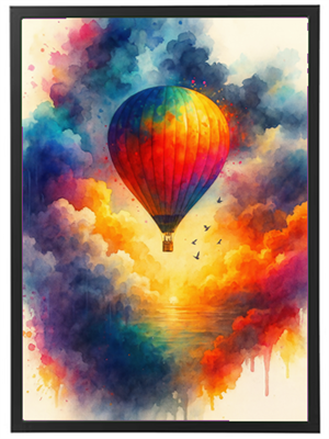 En smuk illustration af en farverig varmluftballon svævende over en farverig himmel og hav.