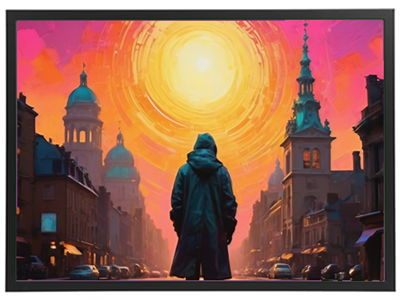 En person i en kappe står foran en farverig by med tårne under en strålende sol.