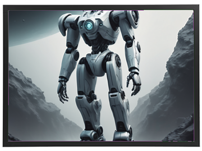 En detaljeret robot står i et dramatisk månelandskab med klipper og en planet i baggrunden.