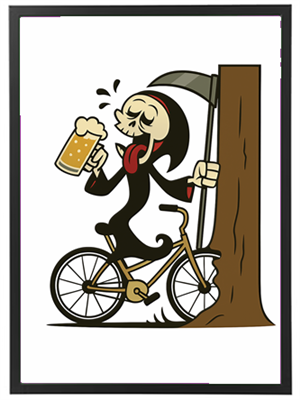 En humoristisk tegning af en skeletfigur på en cykel, der holder en øl.