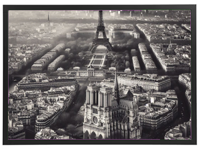 Et sort-hvidt panorama af Paris, der viser Eiffeltårnet og Notre-Dame i en smuk udsigt.