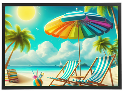 En farverig strandscene med sol, parasoller, palmer og liggestole ved vandet.