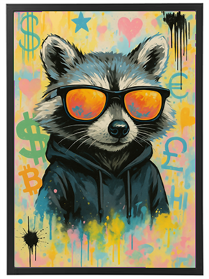 Et farverigt kunstværk af en vaskebjørn iført solbriller og hoodie, omgivet af grafiske elementer.