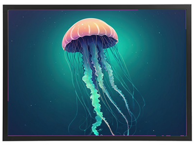 En digital illustration af en meduse svømmende gennem dybt vand med glitrende effekter.