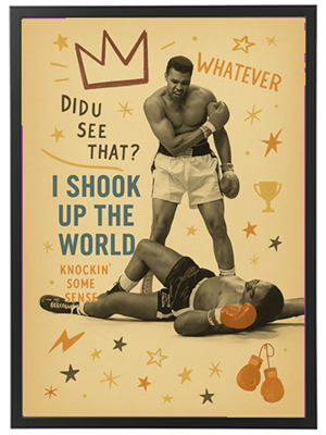 Et vintage-billede af en boksekamp med en sejrsikker bokser og en nedlagt modstander.