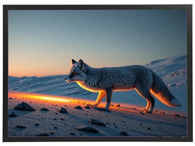 En ræv går gennem sneen, oplyst af det bløde morgenlys i et vinterlandskab.