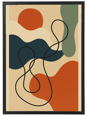 Billedet viser en abstrakt komposition med farverige former og linjer på en neutral baggrund.