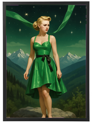 En kvinde i en grøn kjole står i et dramatisk landskab med bjergtoppe og stjerner.