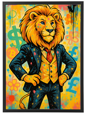 Et farverigt billede af en løve i jakkesæt, der udstråler selvtillid og stil.