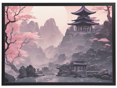 En smuk, stiliseret udsigt over bjerge og bygninger omgivet af kirsebærtræer i rosa nuancer.