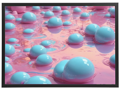 Et billede af blå og lyserøde perler, der flyder på en glat overflade.