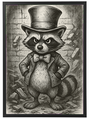 En stiliseret vaskebjørn iført en høj hat og butterfly, stående i en dramatisk baggrund.