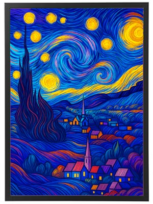 En farverig og svungen nattehimmel med stjerner over en stille landsby.