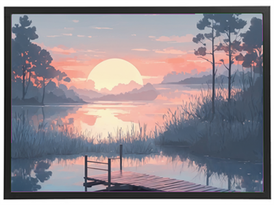 En smuk solnedgang over en stille sø med træer og en træbro.