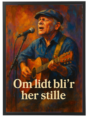 En mand synger og spiller guitar, indhyllet i farverig belysning.