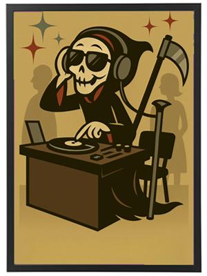 En humoristisk illustration af en skelet DJ, der mixer musik ved et DJ-pult.