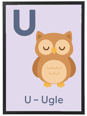 Illustration af en ugle med teksten U - Ugle, designet til at lære børn alfabetet.
