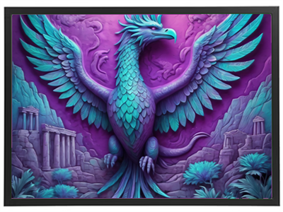 En farverig og detaljeret skulptur af en mytisk fugl med majestætiske vinger, omgivet af ruiner.