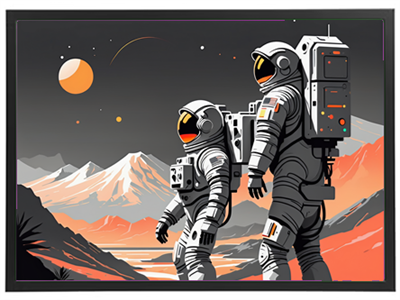 To astronauter står på en farverig planet med bjerge og en planet i baggrunden.