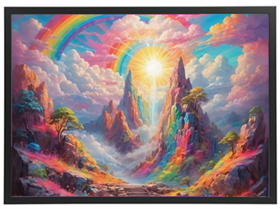 En betagende scene med farverige bjerge, en lysende sol og en regnbue i en drømmende himmel.