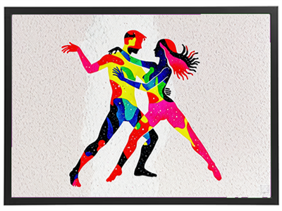 Et abstrakt billede af et mandligt og kvindeligt par, der danser med livlige farver.